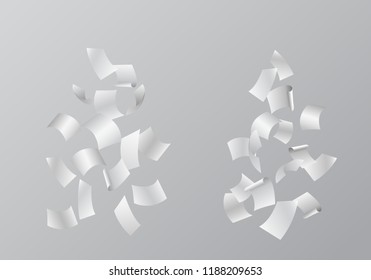 Set of vector illustrations of falling white sheets of paper, isolated on gray background