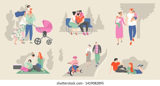 Set of vector illustrations  of families with children and young couples relaxing in the park. Happy cartoon characters