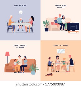 A set of vector illustrations of the family in everyday life. A happy family stays at home and watches movies, reads books, plays cards, and has family dinners.