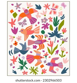 A set of vector illustrations with Fantasy, invented, decorative birds and flowers, leaves and butterflies. Spring? Summer. Simple forms. For children, patterns, postcards, posters