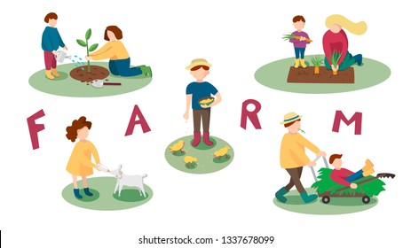 Set of vector illustrations of farm activities: planting and caring for trees, vegetables, harvesting, feeding and caring for animals. The farm family is engaged in agricultural work together.