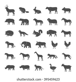 Set of vector illustrations farm animals icon set. Collection black silhouettes wild animals. Collection black silhouettes domestic animals.