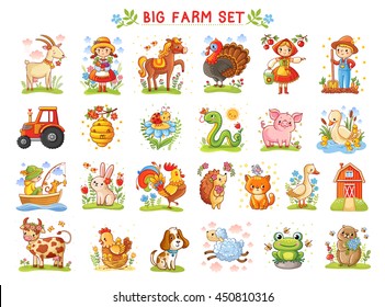 Set of vector illustrations of farm animals. A collection of farm animals and wild animals. A Big farm.