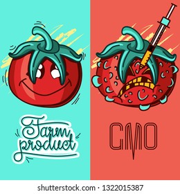 Set of vector illustrations of a farm product vs GMO syringe. healthy organic food vs harmful GMO foods. tomato character