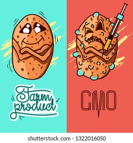 Set of vector illustrations of a farm product vs GMO syringe. healthy organic food vs harmful GMO foods. potato character