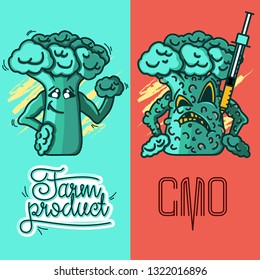 Set of vector illustrations of a farm product vs GMO syringe. healthy organic food vs harmful GMO foods. broccoli character