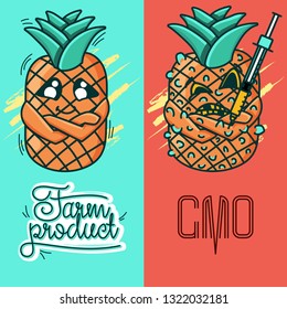 Set of vector illustrations of a farm product vs GMO syringe. healthy organic food vs harmful GMO foods. character pineapple