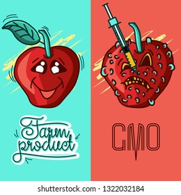 Set of vector illustrations of a farm product vs GMO syringe. healthy organic food vs harmful GMO foods. character apple