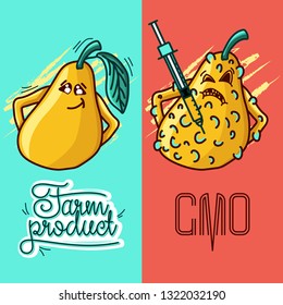 Set of vector illustrations of a farm product vs GMO syringe. healthy organic food vs harmful GMO foods. character pear