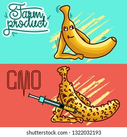 Set of vector illustrations of a farm product vs GMO syringe. healthy organic food vs harmful GMO foods. character banana