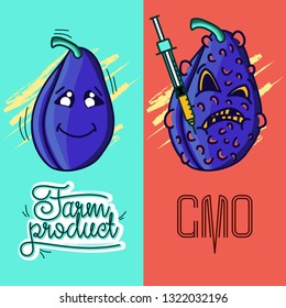 Set of vector illustrations of a farm product vs GMO syringe. healthy organic food vs harmful GMO foods. character plum
