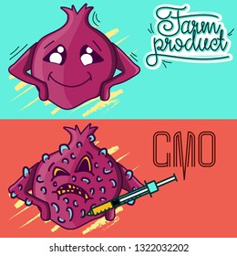 Set of vector illustrations of a farm product vs GMO syringe. healthy organic food vs harmful GMO foods. character Garnet