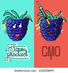Set of vector illustrations of a farm product vs GMO syringe. healthy organic food vs harmful GMO foods. character blackberry