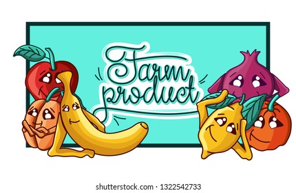 Set of vector illustrations of a farm product. healthy organic food. Fruits characters. apple, peach, banana, pear, pomegranate, orange, lemon. lettering