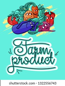 Set of vector illustrations of a farm product. healthy organic food. Vegetables characters. Beets, carrots, tomatoes, broccoli, bell peppers, cucumbers, potatoes, eggplant. lettering