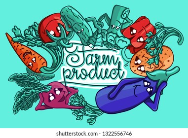 Set of vector illustrations of a farm product. healthy organic food. Vegetables characters. Beets, carrots, tomatoes, broccoli, bell peppers, cucumbers, potatoes, eggplant. lettering