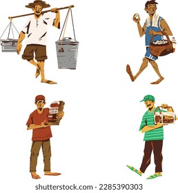 Conjunto de ilustraciones vectoriales de un granjero con una cesta de alimentos.
