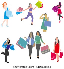 Set of vector illustrations of fashionable girls with packages. Shopping, sales and gifts, bringing joy