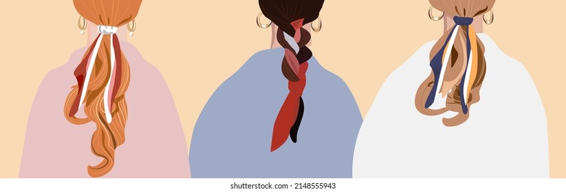 Set of Vector illustrations - fashionable hairstyle of a beautiful girls. The hair is stacked in the tail tied with a handkerchief. Hairstyles with a scarf. Multicolored elastic bands with red` yellow