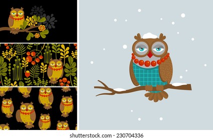 Set of vector illustrations with fashionable owl. Business card for women. Female art.