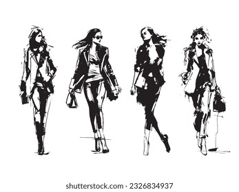 Set of vector illustrations: a fashionably dressed women are walking. Fashion sketch made with watercolors and markers, expressive line.
