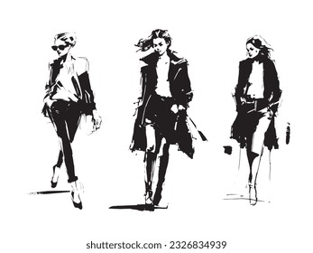 Set of vector illustrations: a fashionably dressed women are walking. Fashion sketch made with watercolors and markers, expressive line.