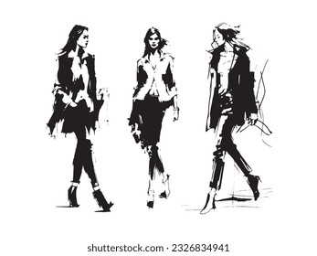 Set of vector illustrations: a fashionably dressed women are walking. Fashion sketch made with watercolors and markers, expressive line.