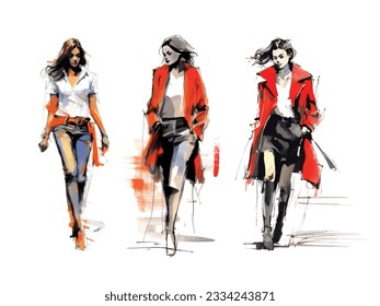 Conjunto de ilustraciones vectoriales: una mujer vestida de moda está caminando. Esbozo de moda hecho con acuarelas y marcadores, línea expresiva.