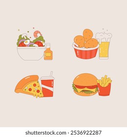 A set of vector illustrations of fast food: pizza, burger with fries, chicken wings, and seafood salad. Perfect for menus, posters, and food-related apps.