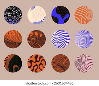 Set of vector illustrations featuring abstract circles with wavy, striped and fluid patterns. The design uses modern, psychedelic and retro Y2K-inspired style with bold, contrasting colors.