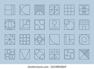 A set of vector illustrations featuring abstract geometric shapes and patterns in thin-line art, minimalist decorative symbols, and creative design icons on a blue background.