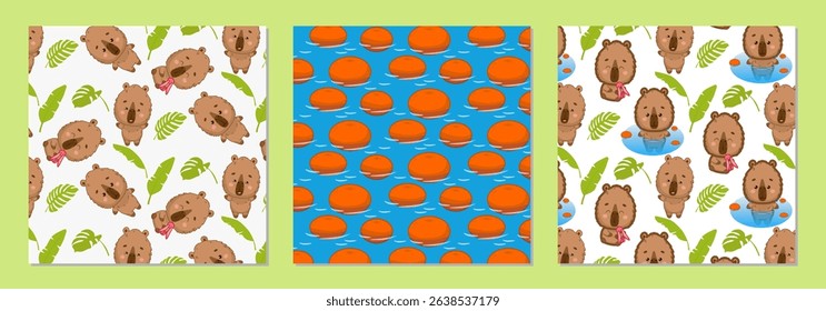 Set of vector illustrations featuring adorable characters - capybara and orange floating mandarins. Playful capybaras surrounded by leaves in a whimsical pattern. Perfect for children s designs.