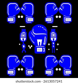 Set of vector illustrations featuring blue boxing gloves isolated and on a black background. Modern, bold design ideal for sports promotions, boxing events, podcast graphics, gym branding, and fitness