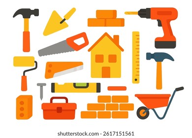 A set of vector illustrations featuring building tools and elements in vibrant colors, isolated on a white background and presented in a flat cartoon style