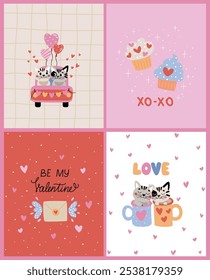 A set of vector illustrations featuring cute, love-struck cats. Perfect for Valentine’s Day cards, wedding invitations, social media, greeting cards, apparel, and any romantic-themed projects.