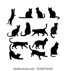 A set of vector illustrations featuring cute cat silhouettes in various poses, perfect for stickers, symbols, or icons.