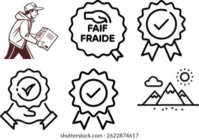 A set of vector illustrations featuring a delivery person, quality assurance badges, and a scenic mountain landscape. Ideal for website design, app interfaces, and marketing materials.