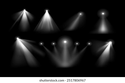 Conjunto de ilustrações vetoriais com diferentes efeitos de luz de spot em um plano de fundo preto. Cada projetor cria um feixe de luz dramático com ângulos e intensidades variáveis.