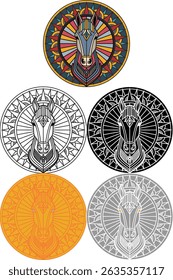 set of vector illustrations featuring a horse head in a bold geometric mandala style. Includes full-color and four monochrome variants: black, white, gold, and silver