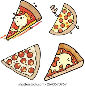 A set of vector illustrations featuring hot Italian pizzas topped with pepperoni, cheese, and tomato sauce — ideal for a tasty fast food meal or a cozy restaurant dinner.