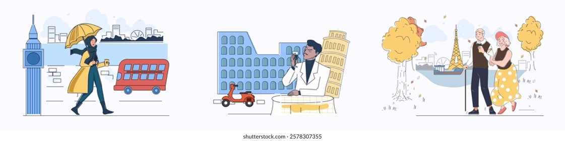 Set of vector illustrations featuring iconic landmarks like Big Ben, Leaning Tower of Pisa, Eiffel Tower, and travelers in urban and nature scenes. Concept of tourism. Set of vector illustrations