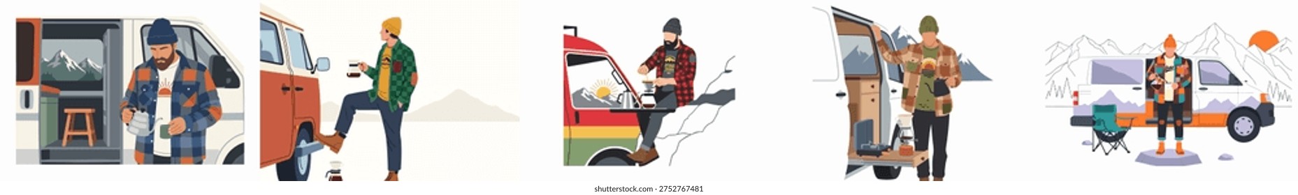 Set of vector illustrations featuring a man brewing coffee during a van life camping adventure in the mountains.