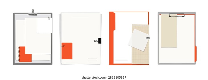 Set of vector illustrations featuring office supplies, document folders, clipboards, and binder clips. Templates for document design, presentations, or use as mockups.