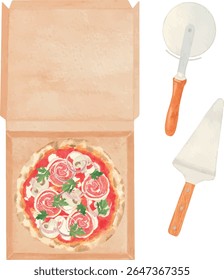 Set of vector illustrations featuring Prosciutto Fungi Pizza in an open delivery box viewed from above, a pizza cutter (roller), and a pizza peel (spatula). 