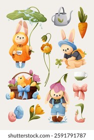 A set of vector illustrations featuring spring-themed elements, including funny and cute bunnies, a chick, Easter eggs, garden supplies, and flowers, all set against a beige background