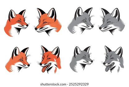 A set of vector illustrations featuring stylized fox faces in various expressions and poses. The artwork showcases both red and grey foxes with detailed line work, perfect for use in wildlife designs,