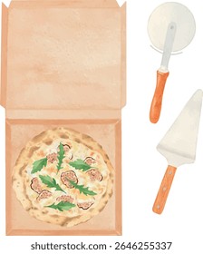 Set of vector illustrations featuring Tartufo Pizza (truffle pizza) in an open delivery box viewed from above, a pizza cutter (roller), and a pizza peel (spatula). 