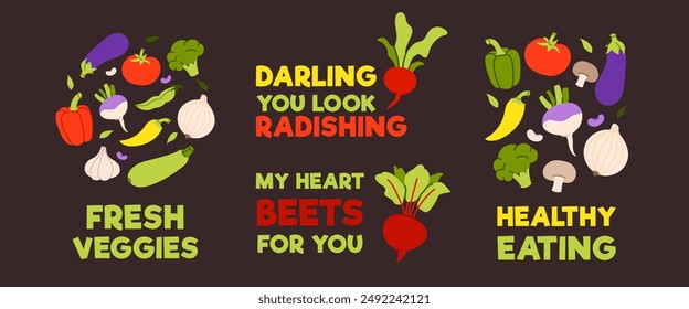 Set of vector illustrations featuring vegetables and lettering on a dark background. The images include various vegetables such as eggplants, tomatoes, broccoli, peppers