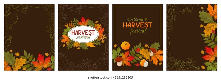 Conjunto de ilustrações vetoriais com folhas de outono vibrantes enquadrando as palavras Harvest Festival . Elementos de design incluem abóboras, bolotas e cogumelos em um fundo marrom rico.