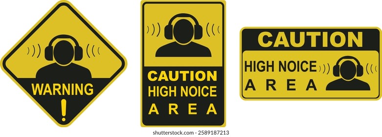 A set of vector illustrations featuring warning signs for high noise areas. These signs are designed to alert and protect individuals from potential hearing damage in noisy environments. Eps10